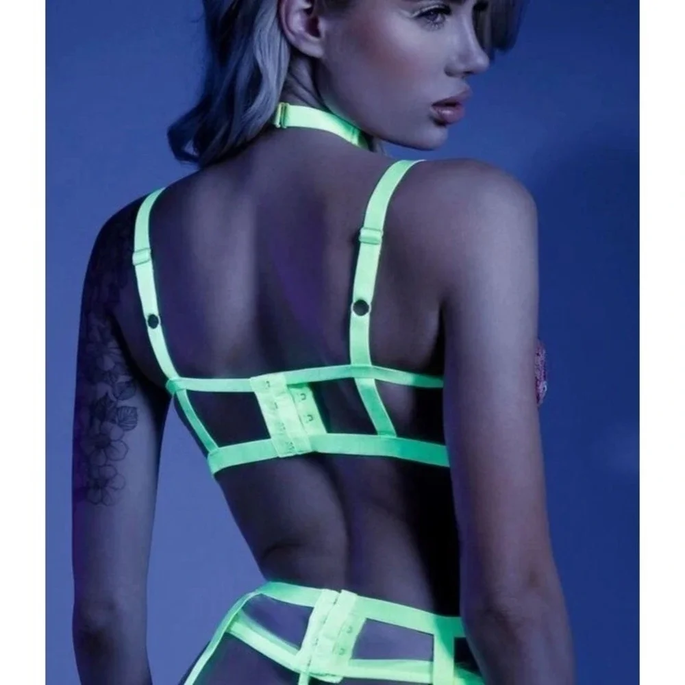 Fantasy L/XL Glow Black Light In A Trance Caged Underwire Bra Lingerie Set Neon